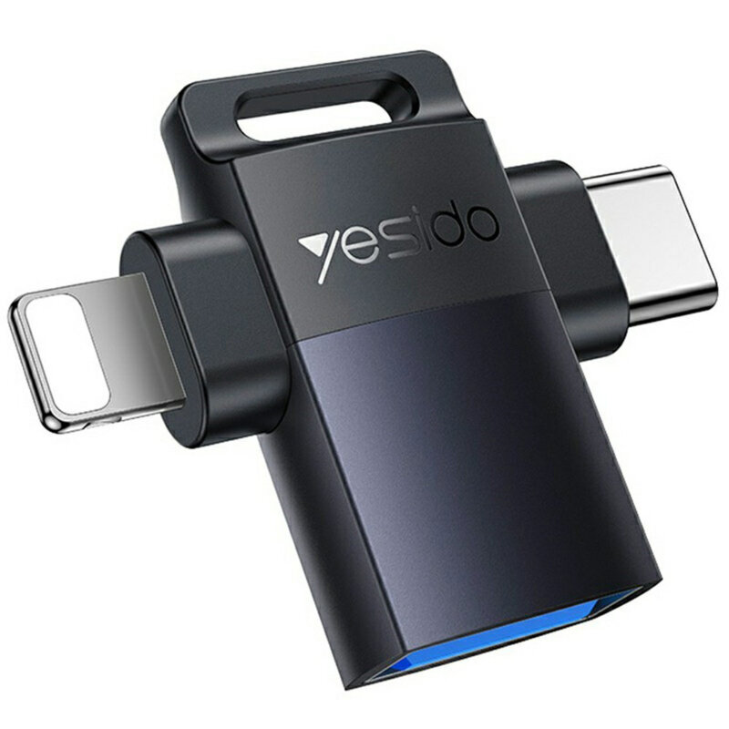 Adaptor OTG 2in1 USB la Lightning & Type-C Yesido GS35, gri