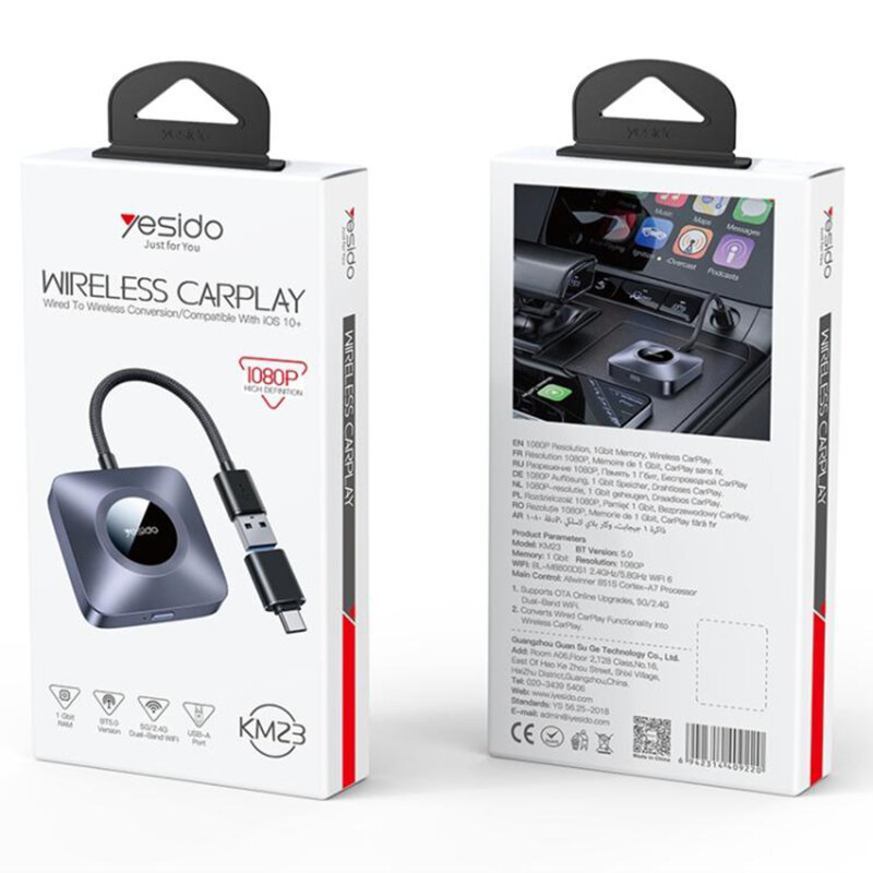 Adaptor wireless CarPlay Wi-Fi 6, Bluetooth 5.0 Yesido, KM23