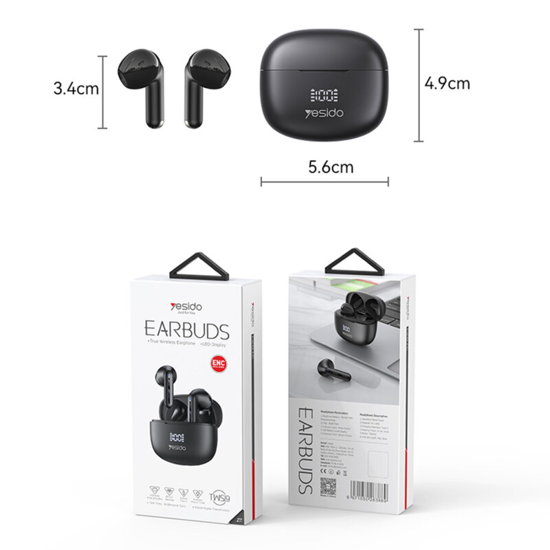 Casti wireless cu ENC, control tactil, LED TWS19, 470mAh, negru