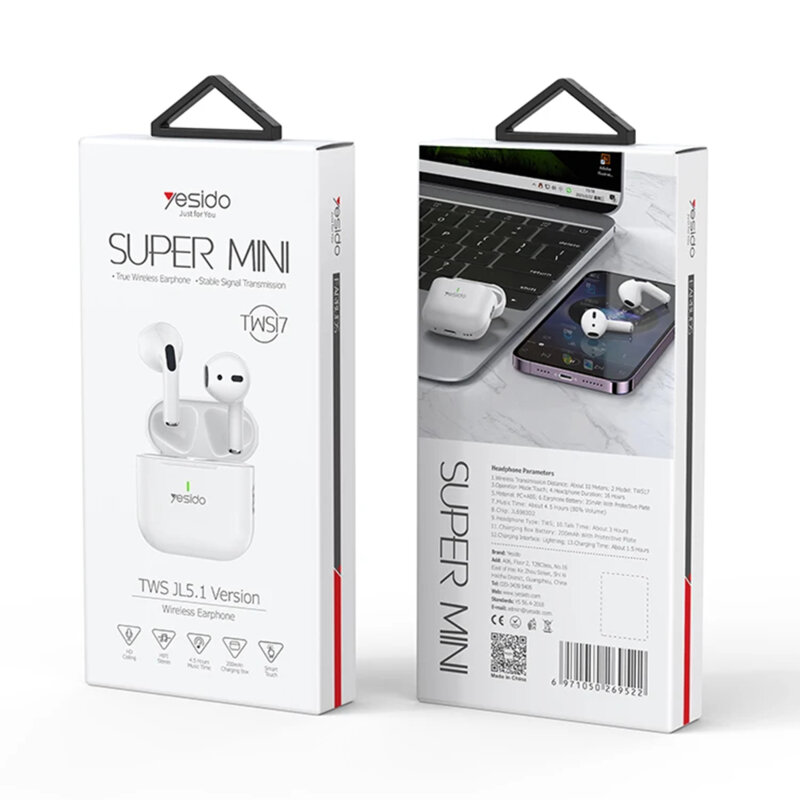 Casti True Wireless half-in-ear TWS17, 200mAh, Type-C, alb