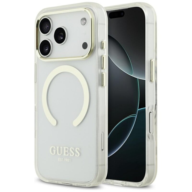 Husa iPhone 17 Pro originala Guess Metal Outline MagSafe, auriu, GUHMP17LHTRMD