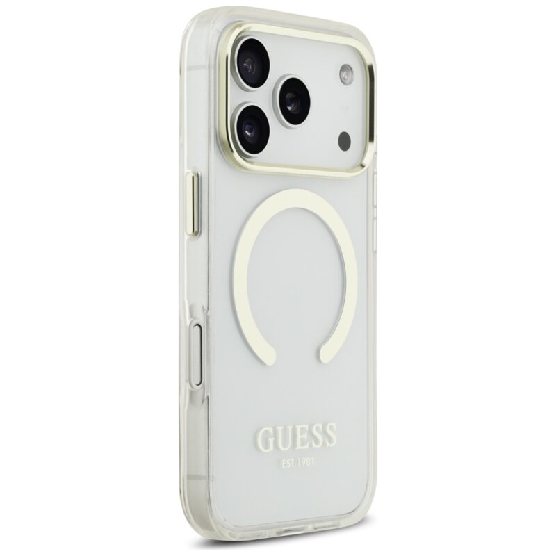 Husa iPhone 17 Pro originala Guess Metal Outline MagSafe, auriu, GUHMP17LHTRMD