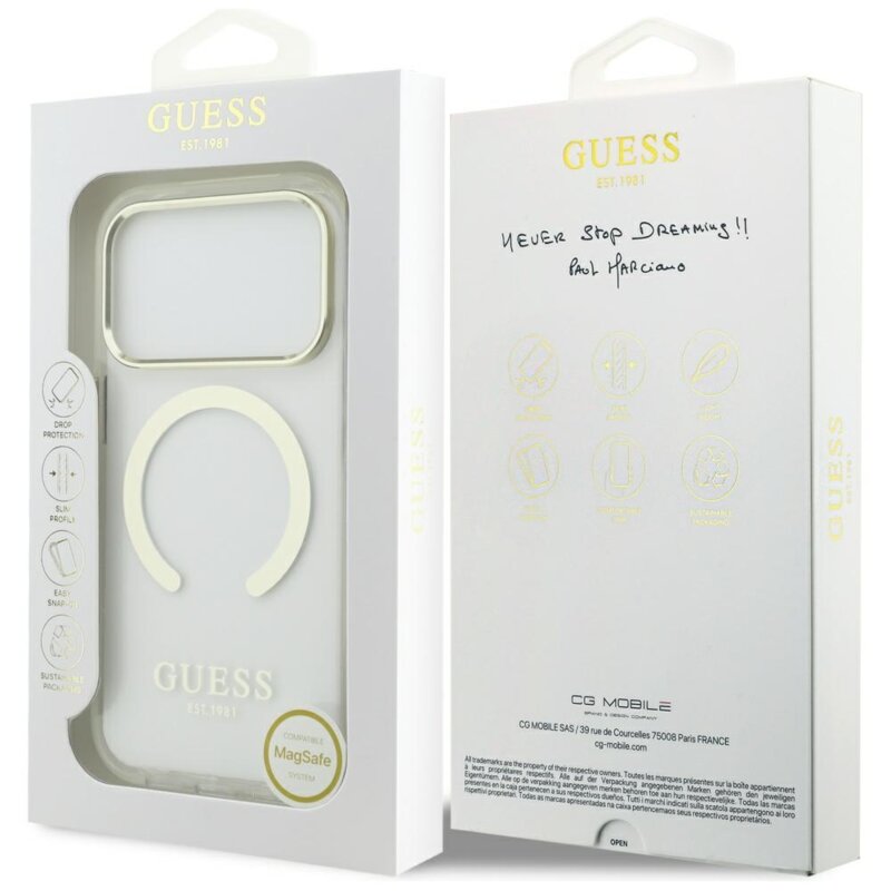 Husa iPhone 17 Pro originala Guess Metal Outline MagSafe, auriu, GUHMP17LHTRMD