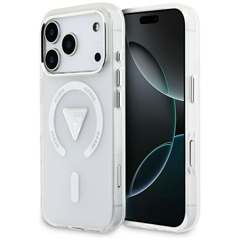 Husa iPhone 17 Pro originala Guess IML Gradient Triangle Logo MagSafe, transparenta, GUHMP17LHGTMLCGT