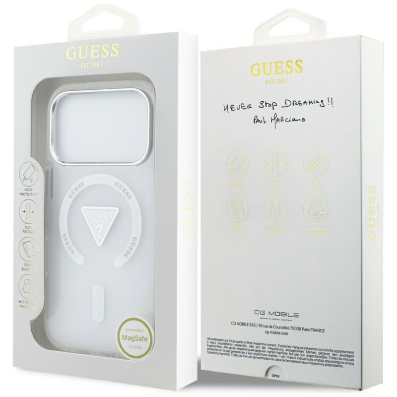 Husa iPhone 17 Pro originala Guess IML Gradient Triangle Logo MagSafe, transparenta, GUHMP17LHGTMLCGT