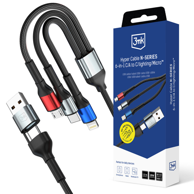 Cablu de date 6in1 USB, USB-C, iOS, Micro 3mk Hyper N, negru, 18W, 1.2m