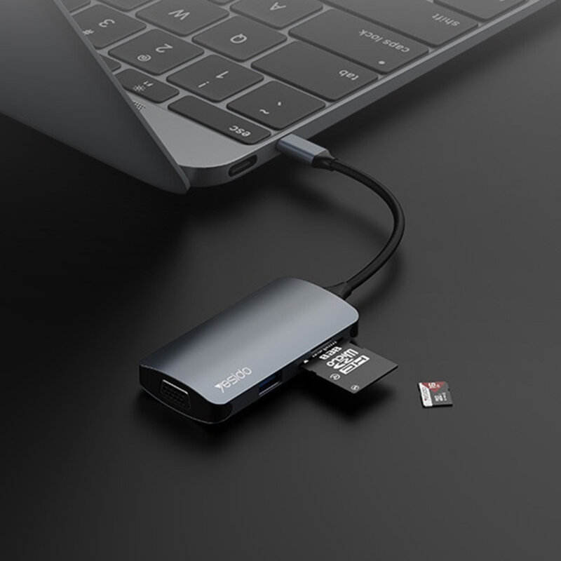 Docking Station Type-C la 3x USB, TF/SD Card, Type-C, VGA, Yesido HB16