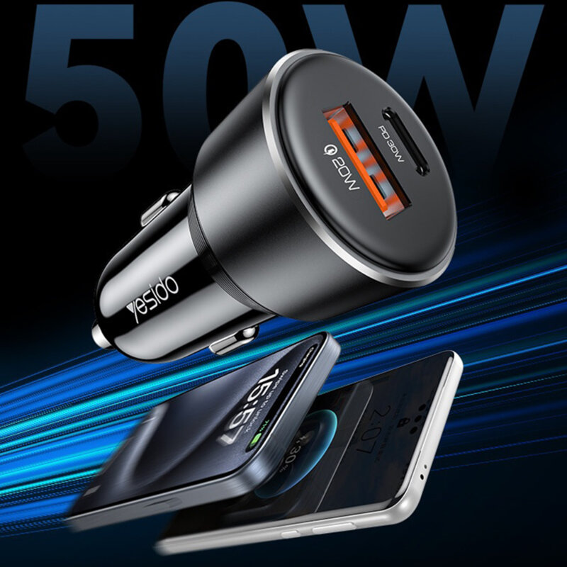 Incarcator auto cu carcasa aluminiu 50W Yesido Y64, negru