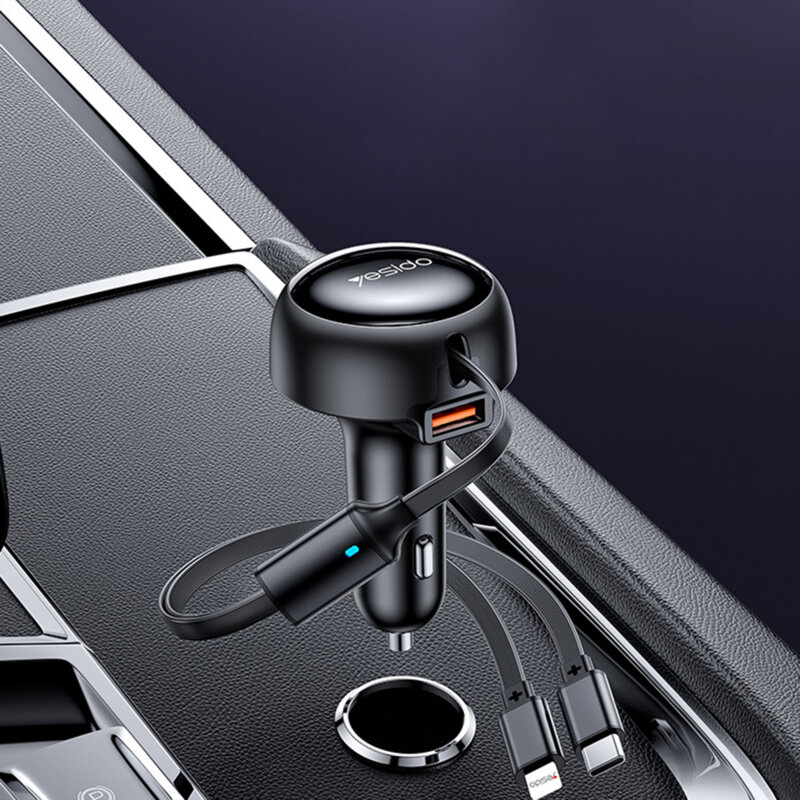 Incarcator auto cu 2x cablu retractabil, 53W, Yesido Y61, negru