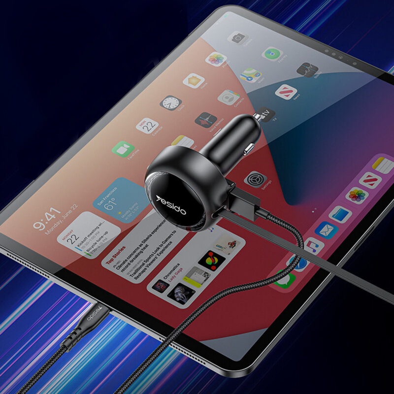 Incarcator auto cu 2x cablu retractabil, 53W, Yesido Y61, negru