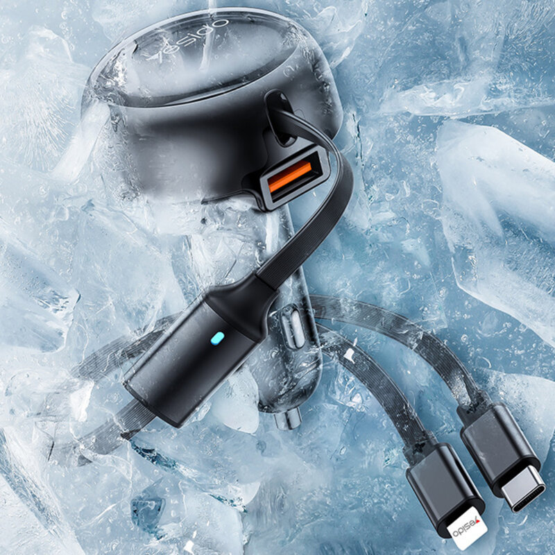 Incarcator auto cu 2x cablu retractabil, 53W, Yesido Y61, negru