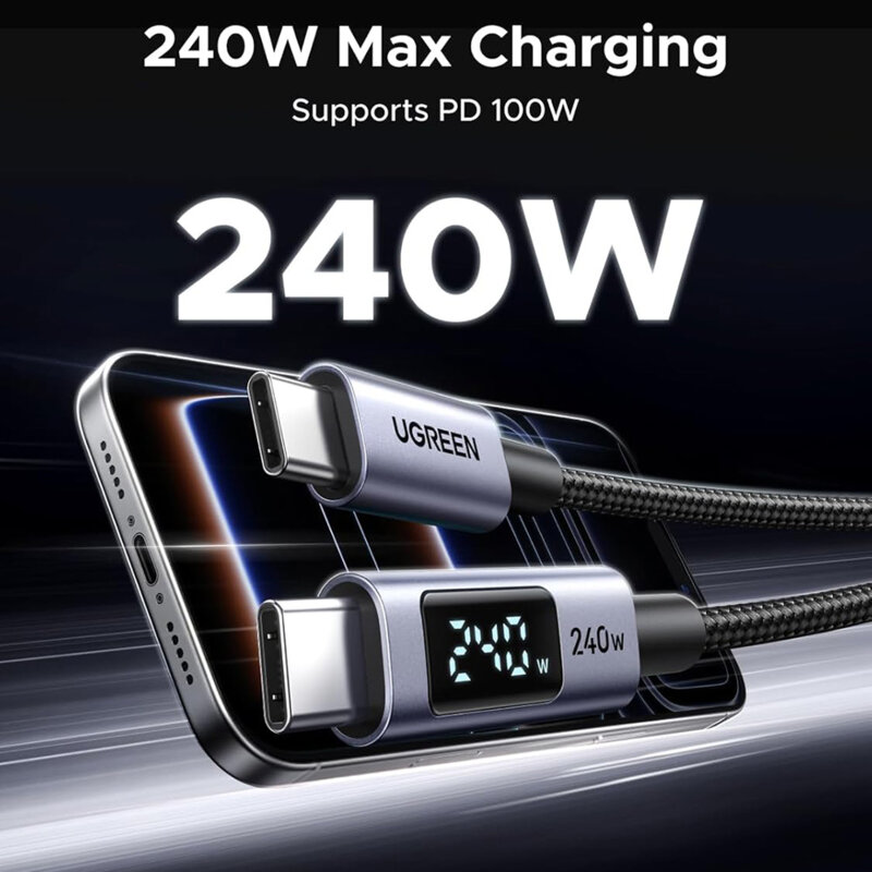 Cablu Type-C cu display LED Ugreen, 240W, 5A, 1m, gri, 65866