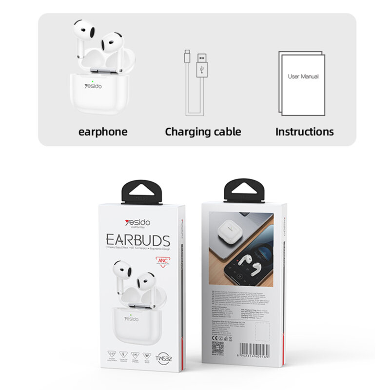Casti airpod Bluetooth 5.4 cu ANC Yesido TWS32, 300mAh, alb