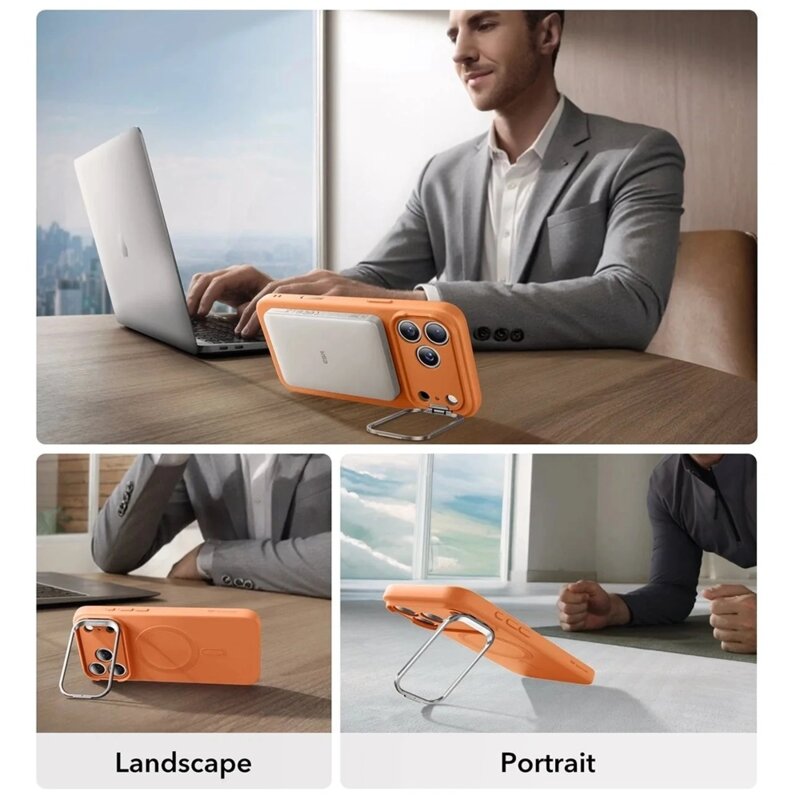 Husa iPhone 17 Pro ESR Cloud Soft HaloLock Kickstand, portocaliu