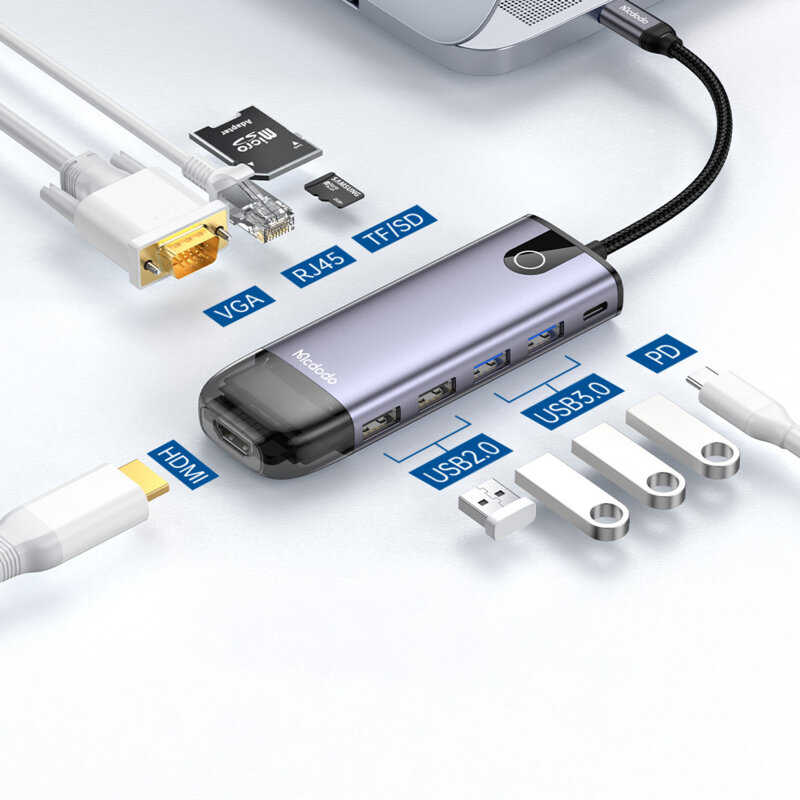 Hub tip C cu USB, USB-C, SD/TF, HDMI, LAN, VGA Mcdodo, gri, HU-7420