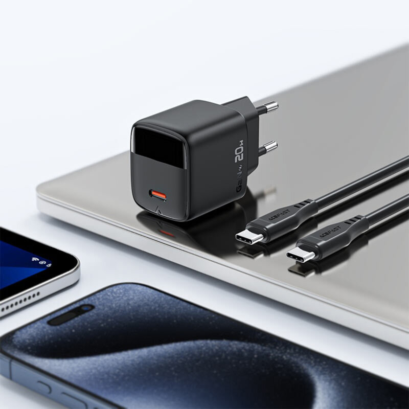 Incarcator GaN Type-C + cablu, Fast Charge Acefast A113, 20W, negru