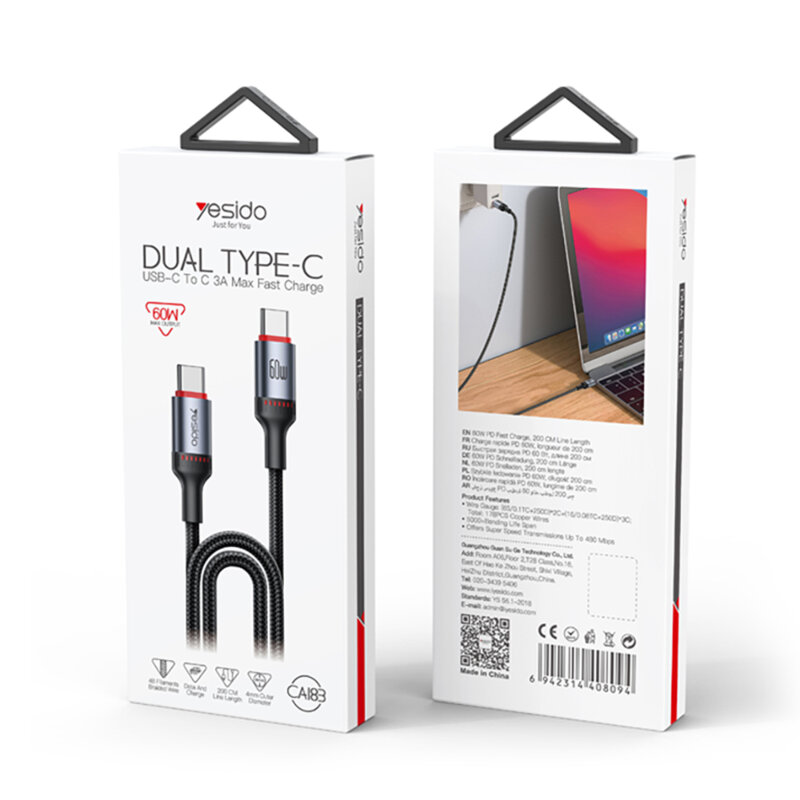 Cablu de date tip C Fast Charging 60W, 3A Yesido CA183, 2m
