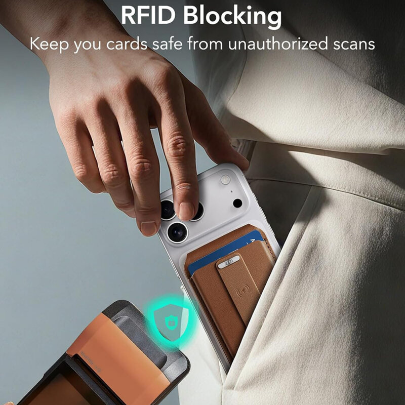 Portofel din piele pentru card, suport MagSafe telefon ESR Geo, maro