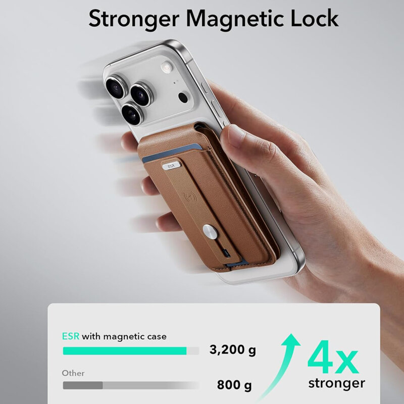 Portofel din piele pentru card, suport MagSafe telefon ESR Geo, maro