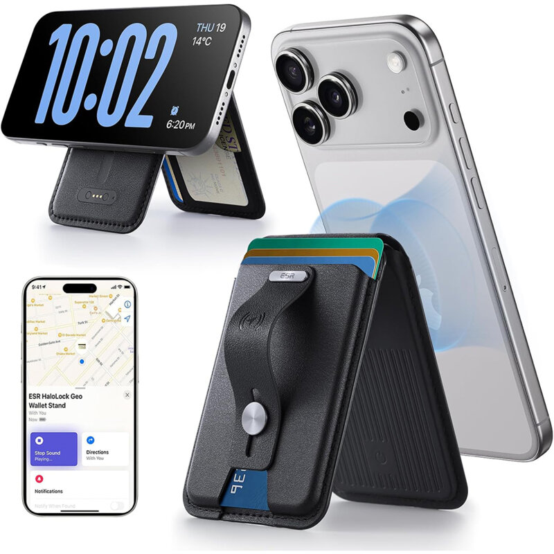 Portofel din piele pentru card, suport MagSafe telefon ESR Geo, negru