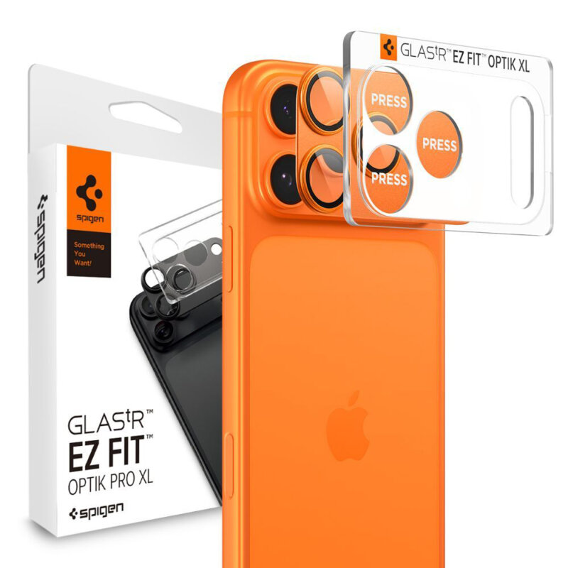 Folie sticla camera iPhone 17 Pro Spigen Glas.tR Optik EZ Fit Pro XL, portocaliu