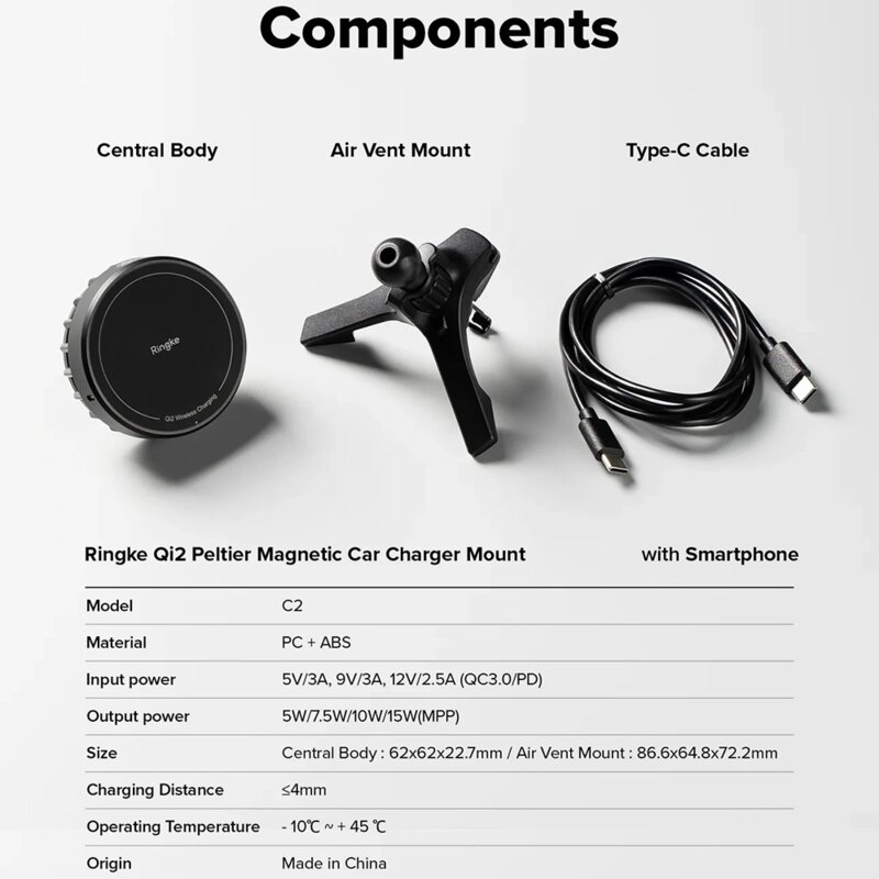 Suport auto cu incarcare wireless Ringke Peltier, 25W, negru