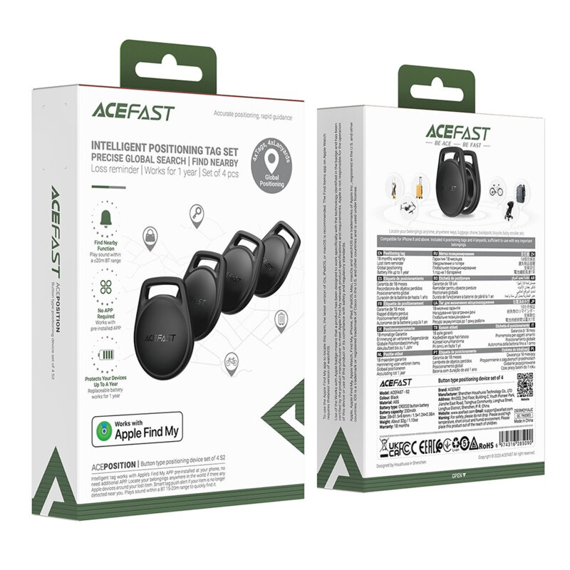 [Pachet 4x] Dispozitiv anti-pierdere compatibil cu iOS Acefast S2, 230mAh, negru