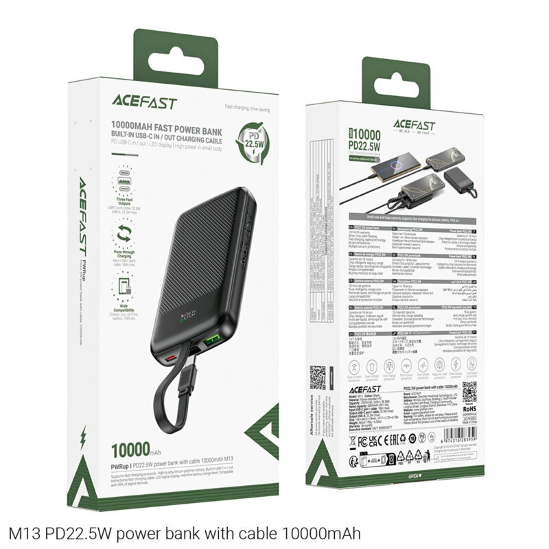 Power bank 10000mAh cu cablu tip C, PD22.5W Acefast M13-10000
