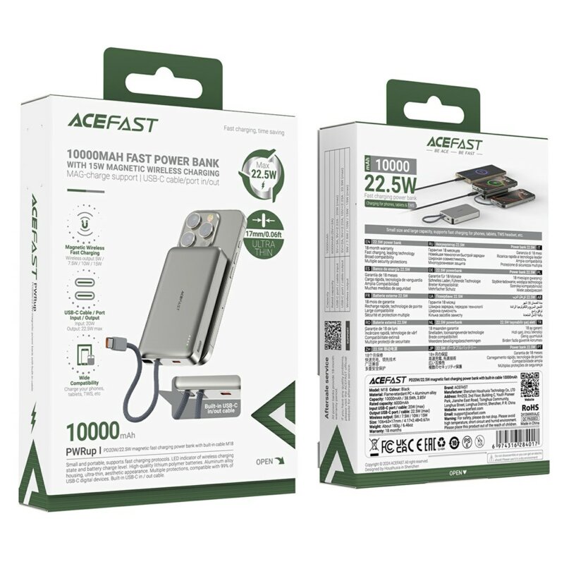 Power bank 10000mAh cu cablu integrat, 22.5W Acefast M18-20000