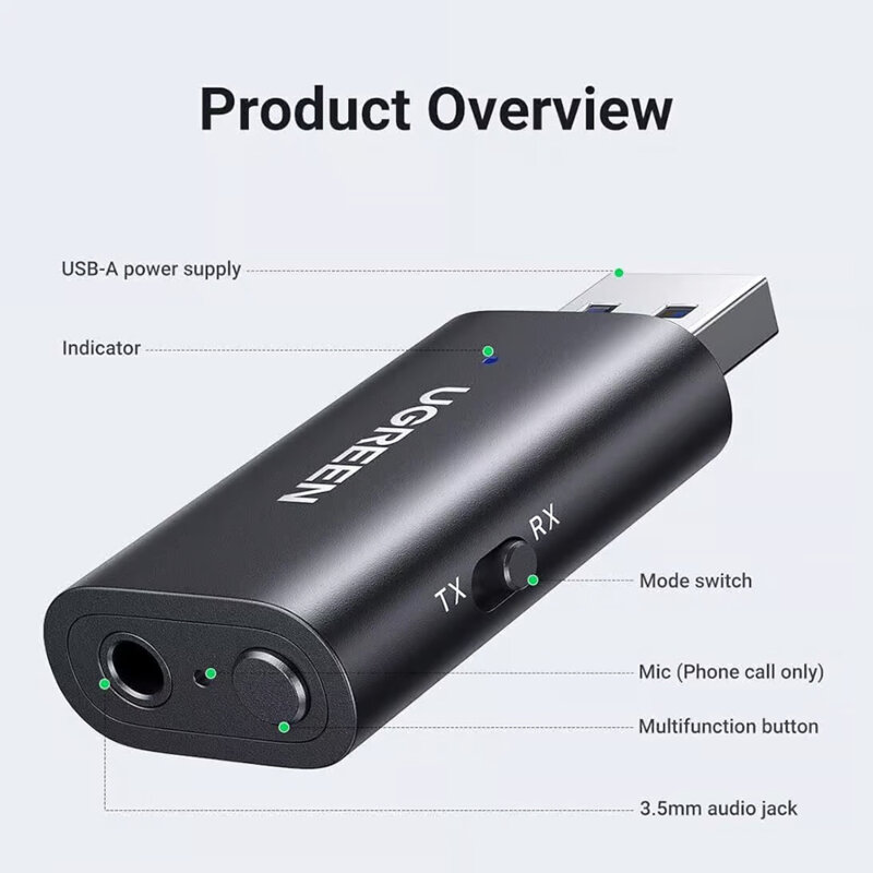 Adaptor audio USB, Jack 3.5mm, BT5.1 cu cablu Ugreen, negru, 60300