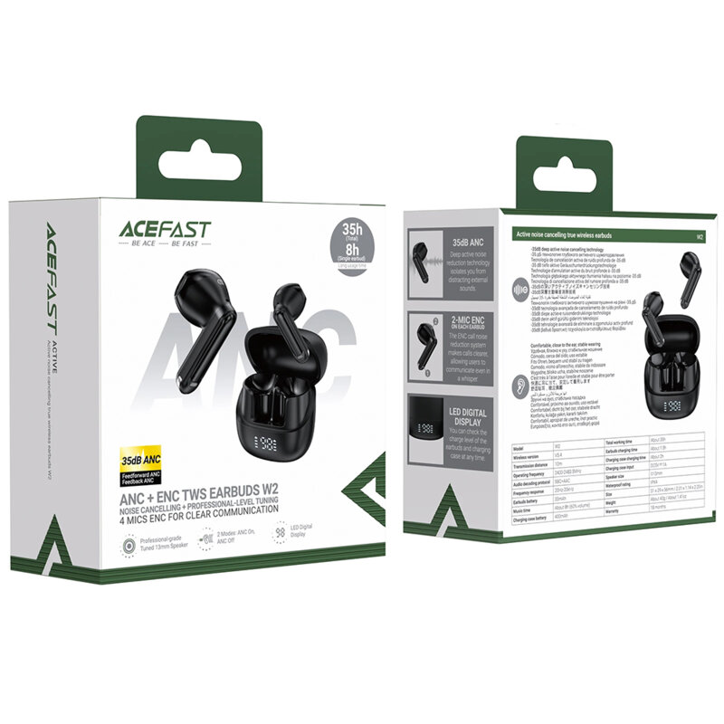 Casti True Wireless ENC cu display, Bluetooth 5.4, Acefast W2