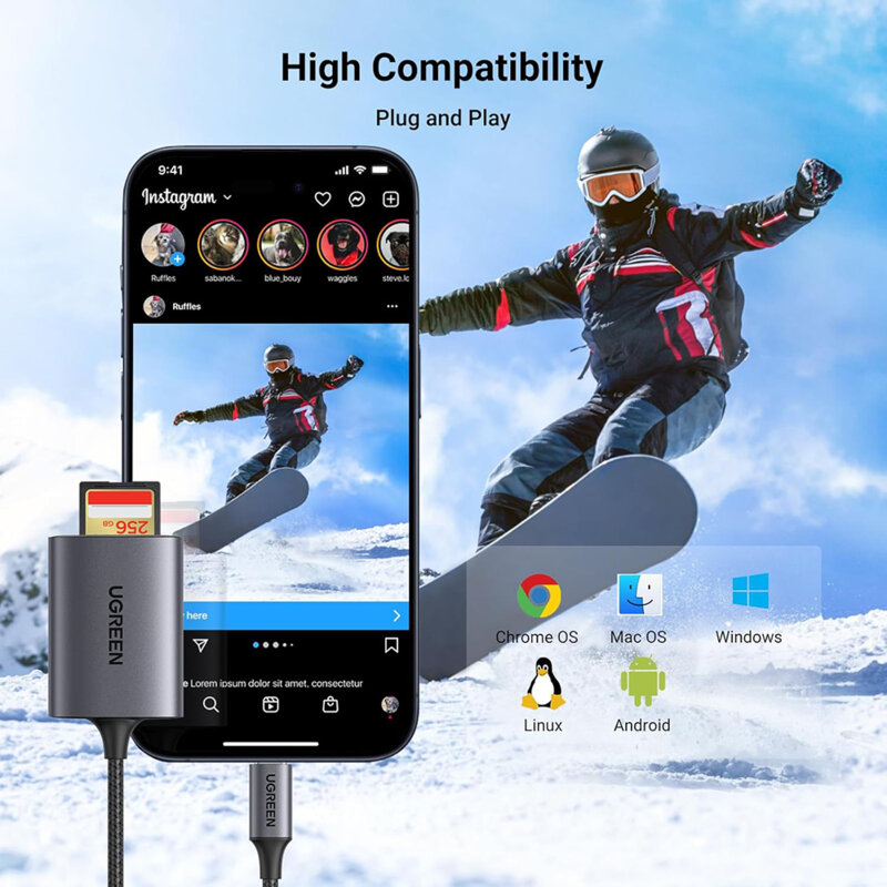 Adaptor tip C, card reader TF/SD Card Ugreen, 5Gbps, gri, 80888