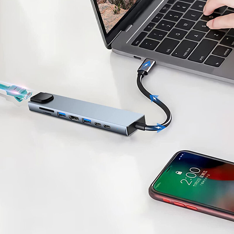 Hub Type-C la 2x Type-C, 2x USB, HDMI, RJ45, TF/SD, PD87W Techsuit H2