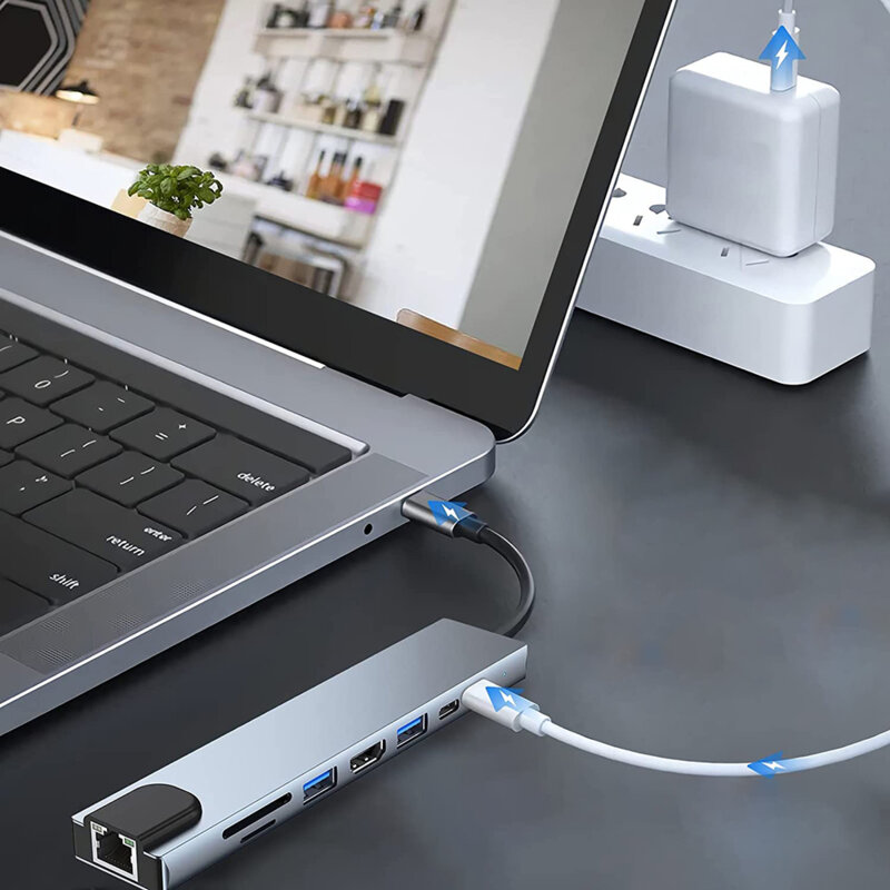 Hub Type-C la 2x Type-C, 2x USB, HDMI, RJ45, TF/SD, PD87W Techsuit H2