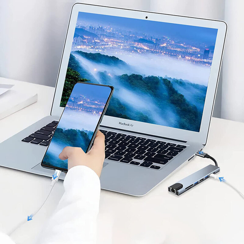 Hub Type-C la 2x Type-C, 2x USB, HDMI, RJ45, TF/SD, PD87W Techsuit H2