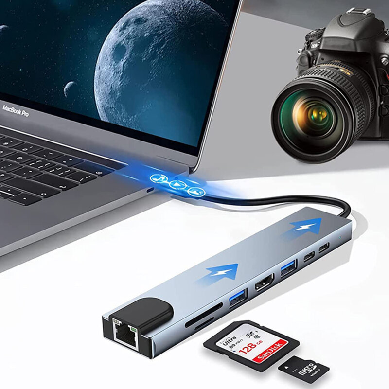 Hub Type-C la 2x Type-C, 2x USB, HDMI, RJ45, TF/SD, PD87W Techsuit H2