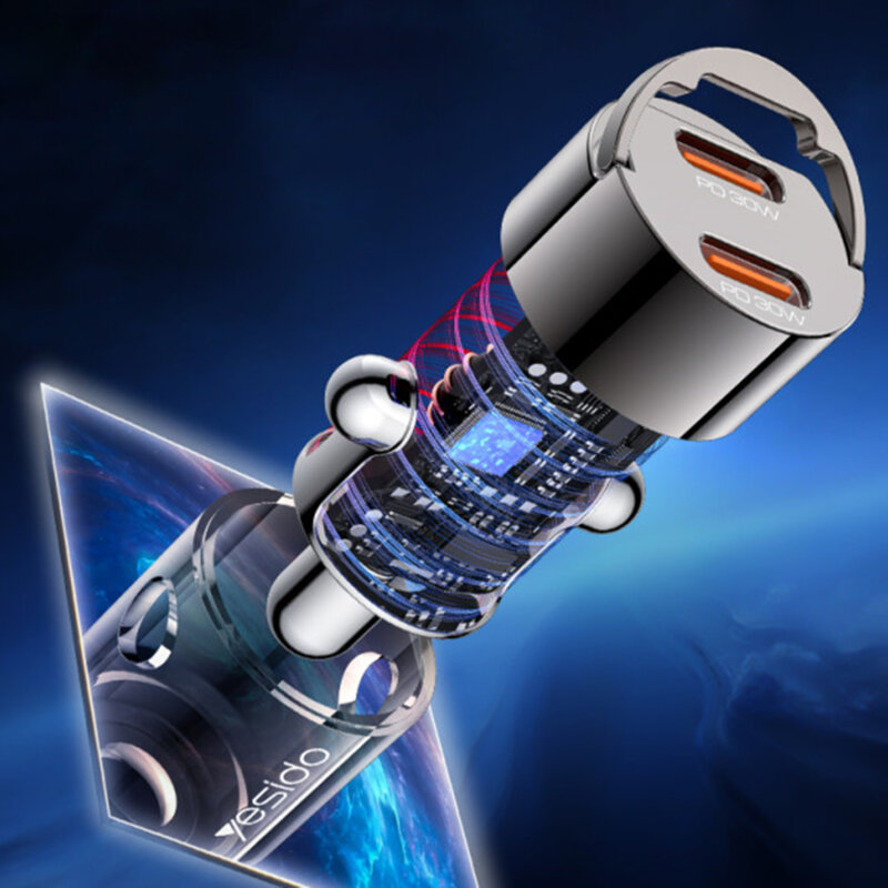 Mini incarcator auto PD30W, dual USB-C Yesido Y69, negru