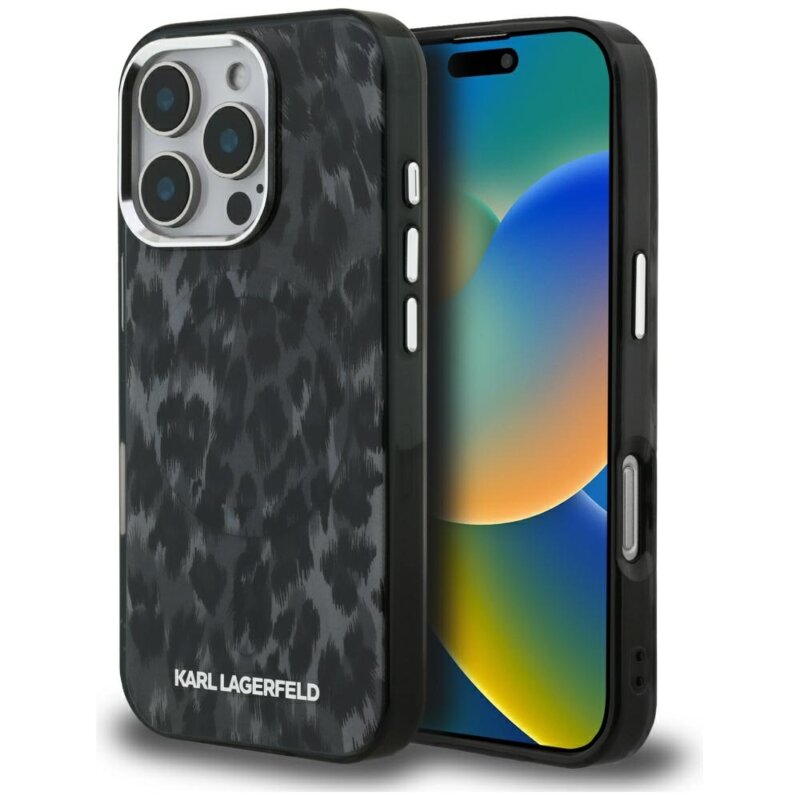 Husa iPhone 16 Pro Max Karl Lagerfeld IML Leopard Pattern MagSafe, negru, KLHMP16XHDLEOICK
