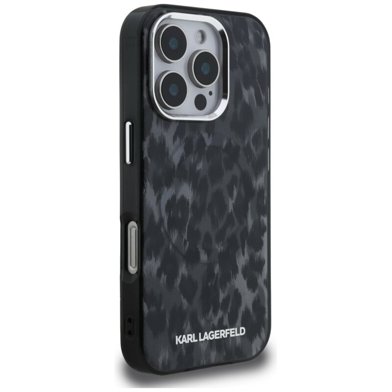Husa iPhone 16 Pro Max Karl Lagerfeld IML Leopard Pattern MagSafe, negru, KLHMP16XHDLEOICK