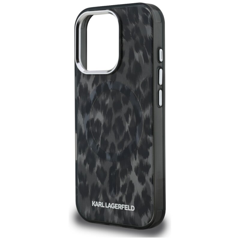 Husa iPhone 16 Pro Max Karl Lagerfeld IML Leopard Pattern MagSafe, negru, KLHMP16XHDLEOICK