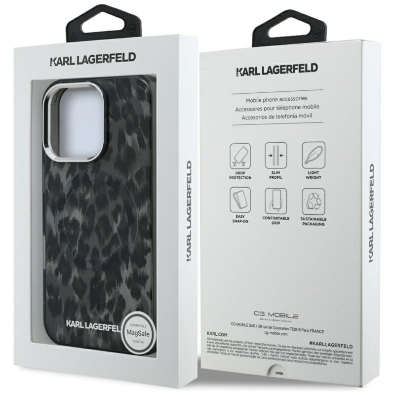 Husa iPhone 16 Pro Max Karl Lagerfeld IML Leopard Pattern MagSafe, negru, KLHMP16XHDLEOICK