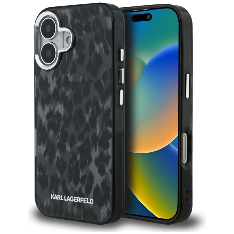 Husa iPhone 16 Karl Lagerfeld IML Leopard Pattern MagSafe, negru, KLHMP16SHDLEOICK