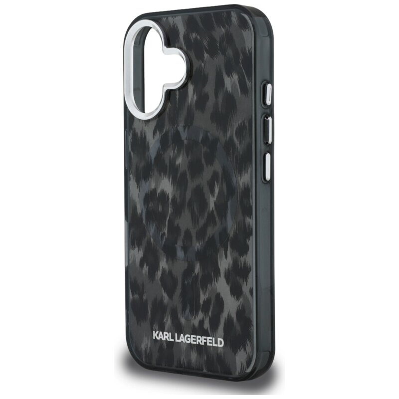 Husa iPhone 16 Karl Lagerfeld IML Leopard Pattern MagSafe, negru, KLHMP16SHDLEOICK