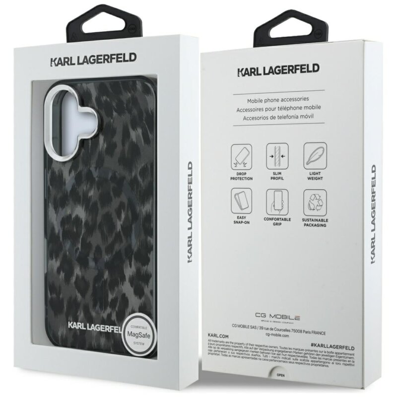Husa iPhone 16 Karl Lagerfeld IML Leopard Pattern MagSafe, negru, KLHMP16SHDLEOICK