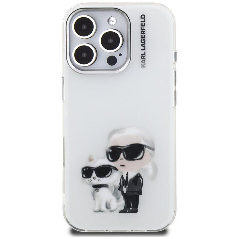 Husa iPhone 16 Pro Max Karl Lagerfeld IML Aquarelle Karl & Choupette, alb, KLHCP16XHMKCAQH