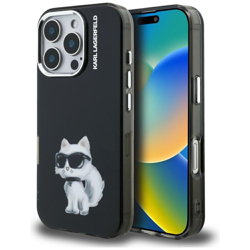 Husa iPhone 16 Pro Max Karl Lagerfeld IML Aquarelle Choupette Logo, negru, KLHCP16XHMCHAQK