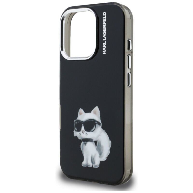Husa iPhone 16 Pro Max Karl Lagerfeld IML Aquarelle Choupette Logo, negru, KLHCP16XHMCHAQK