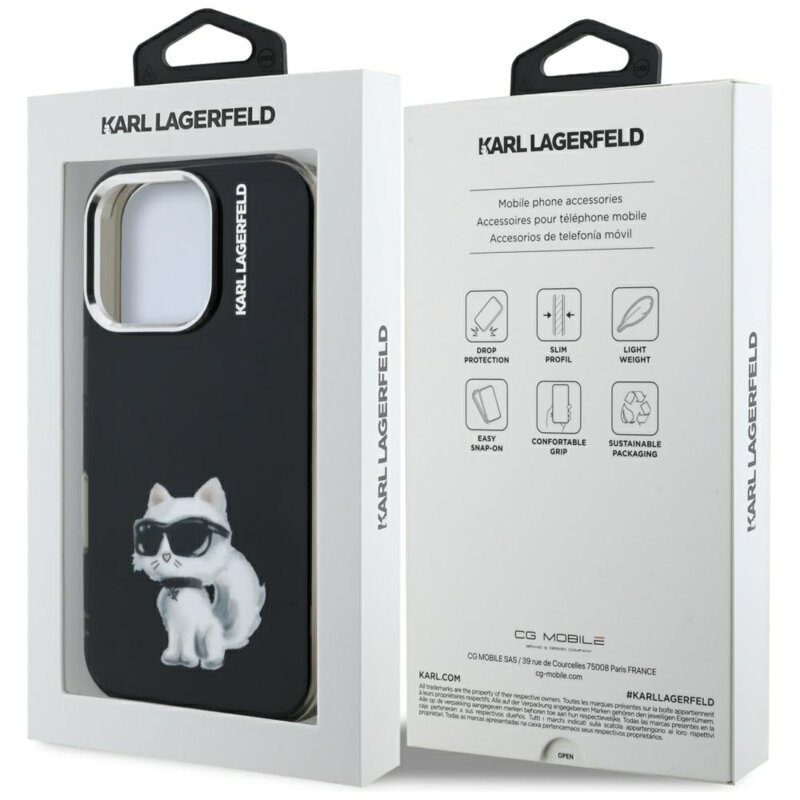 Husa iPhone 16 Pro Max Karl Lagerfeld IML Aquarelle Choupette Logo, negru, KLHCP16XHMCHAQK