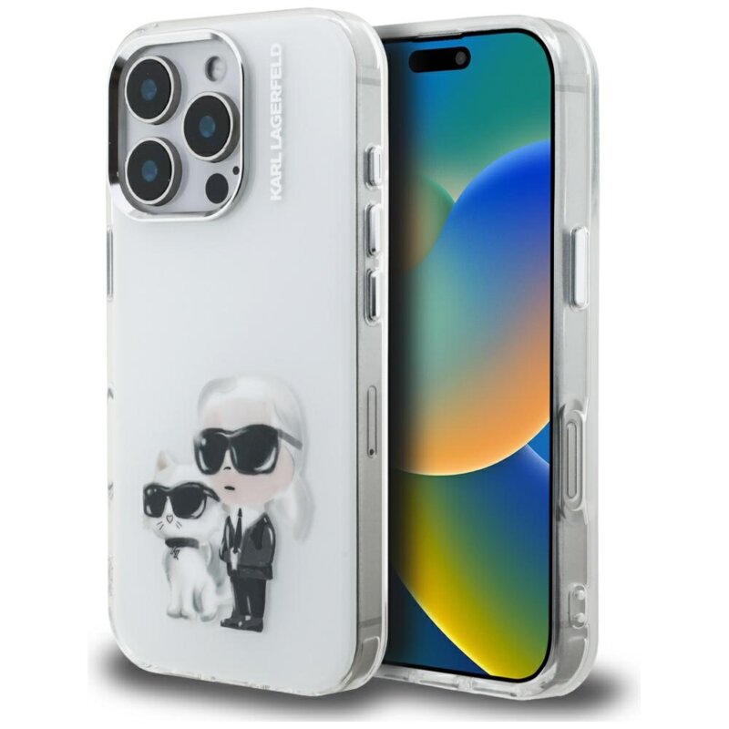 Husa iPhone 16 Pro Karl Lagerfeld IML Aquarelle Karl & Choupette, alb, KLHCP16LHMKCAQH