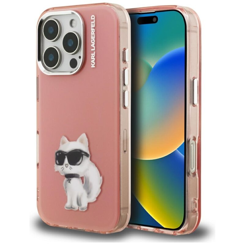 Husa iPhone 16 Pro Karl Lagerfeld IML Aquarelle Choupette Logo, roz, KLHCP16LHMCHAQP